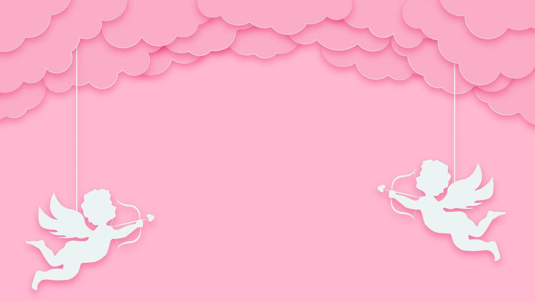 Romantic pink background with hearts, clouds, and cupids. Happy Valentines Day banner design for holiday cards, posters, and flyers. vector