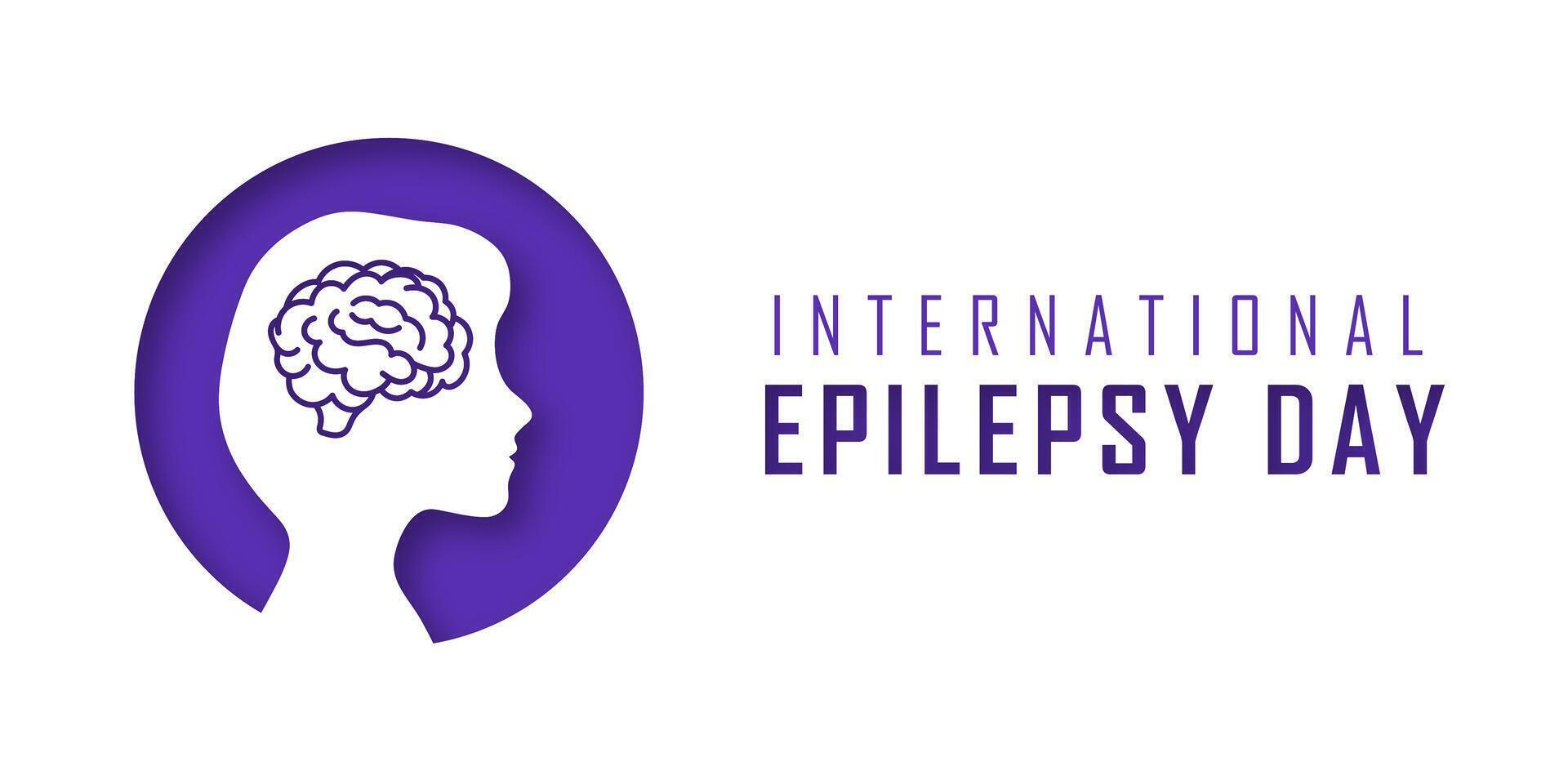 World International Epilepsy Day banner with a silhouette of a girl in paper cut style and a purple ribbon. Promoting care, diagnosis, and prevention of epilepsy. vector