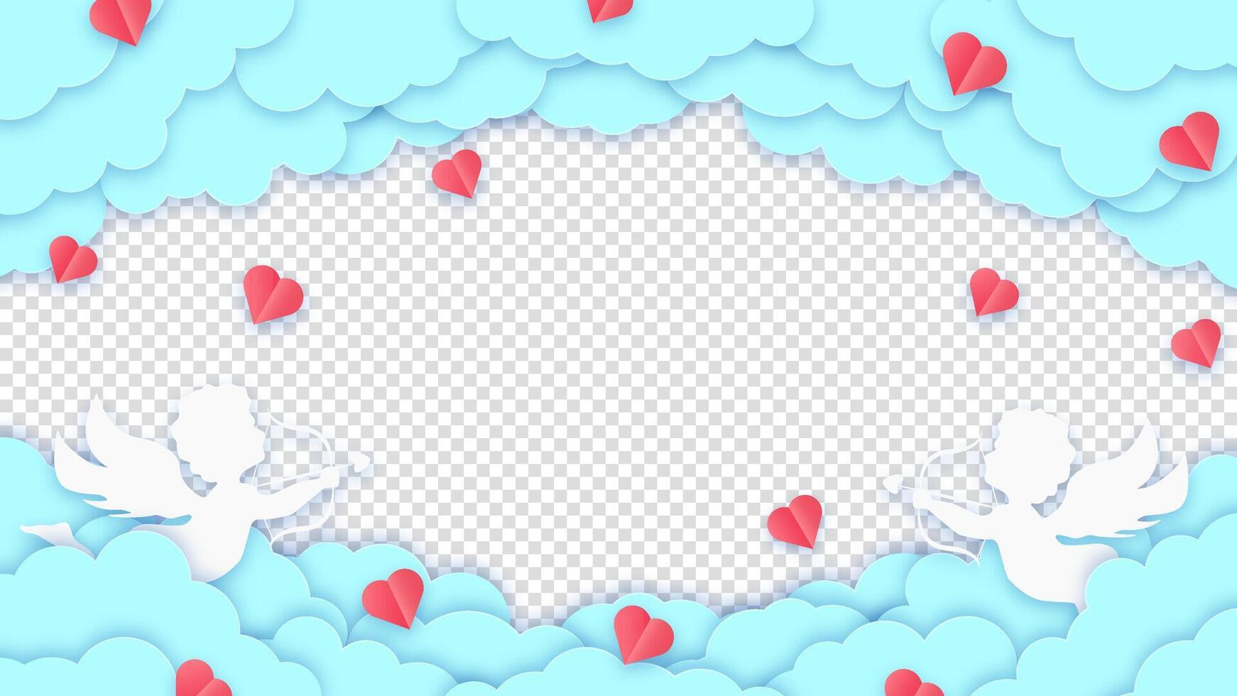 Happy valentines day background with blue banner, clouds, cupids, and hearts. Perfect for a romantic holiday greeting card or celebration design. vector