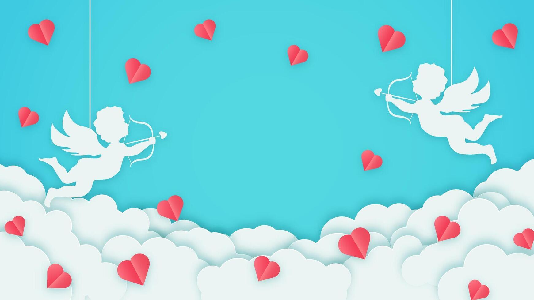 Blue valentines day background with hearts, clouds, and cupids. Romantic design for greeting cards or wedding celebrations. vector