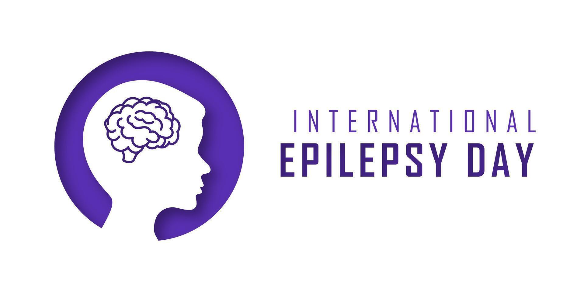 World International Epilepsy Day banner with a boy's silhouette in paper cut style, featuring a purple ribbon. Promoting epilepsy awareness, support, and care. vector