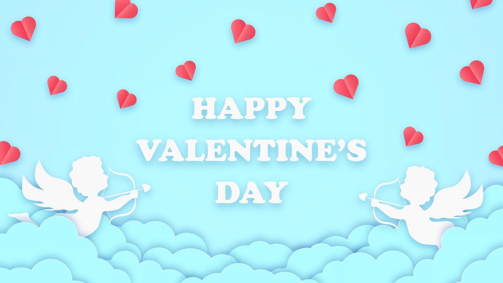 Romantic valentines day background with blue banner, clouds, and cupids. Perfect for holiday greeting cards or wedding celebration templates. vector