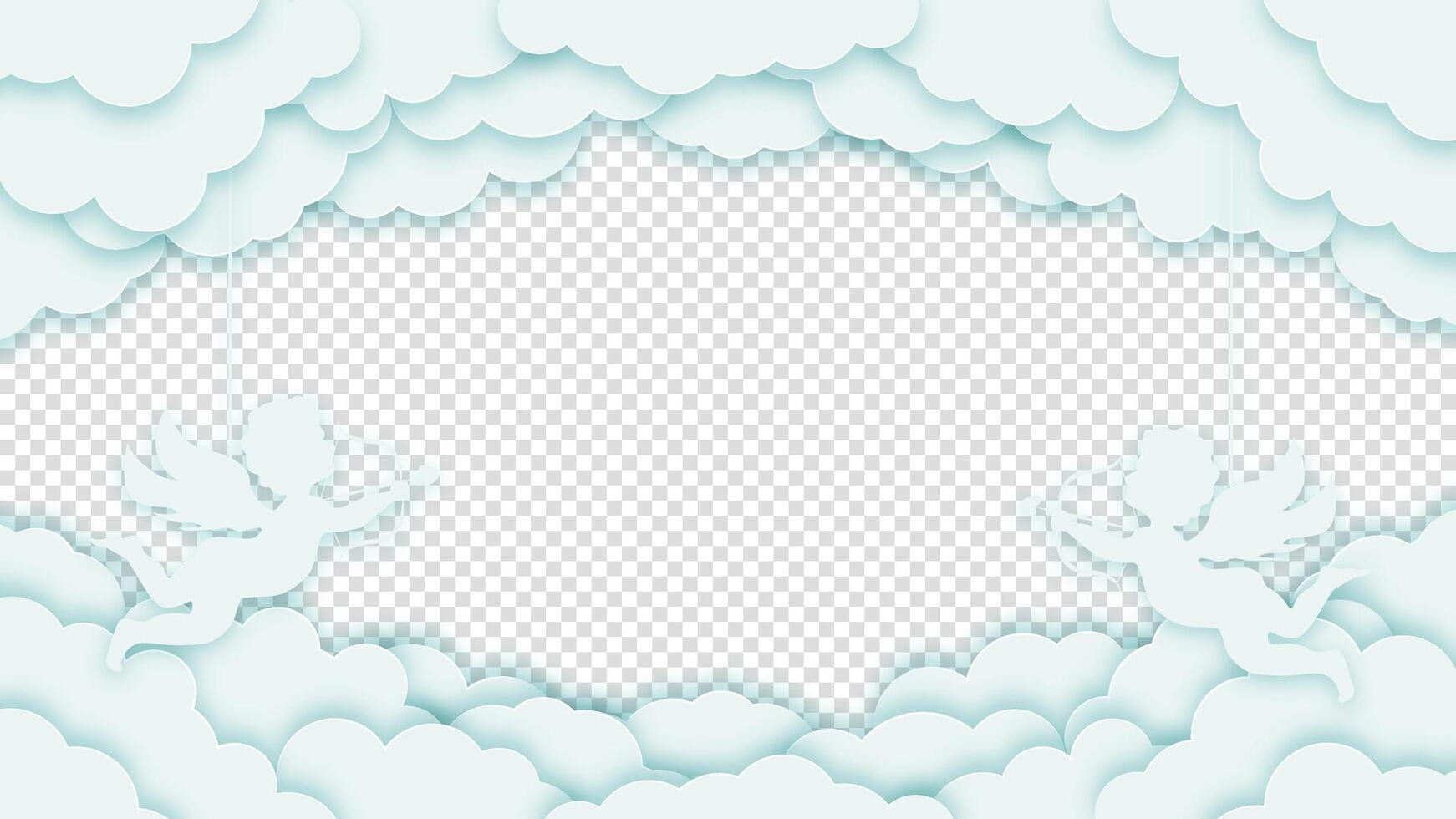 Blue valentines day banner with hearts, clouds, and cupids. Holiday background design for greeting cards, wedding decorations, or romantic celebrations. vector