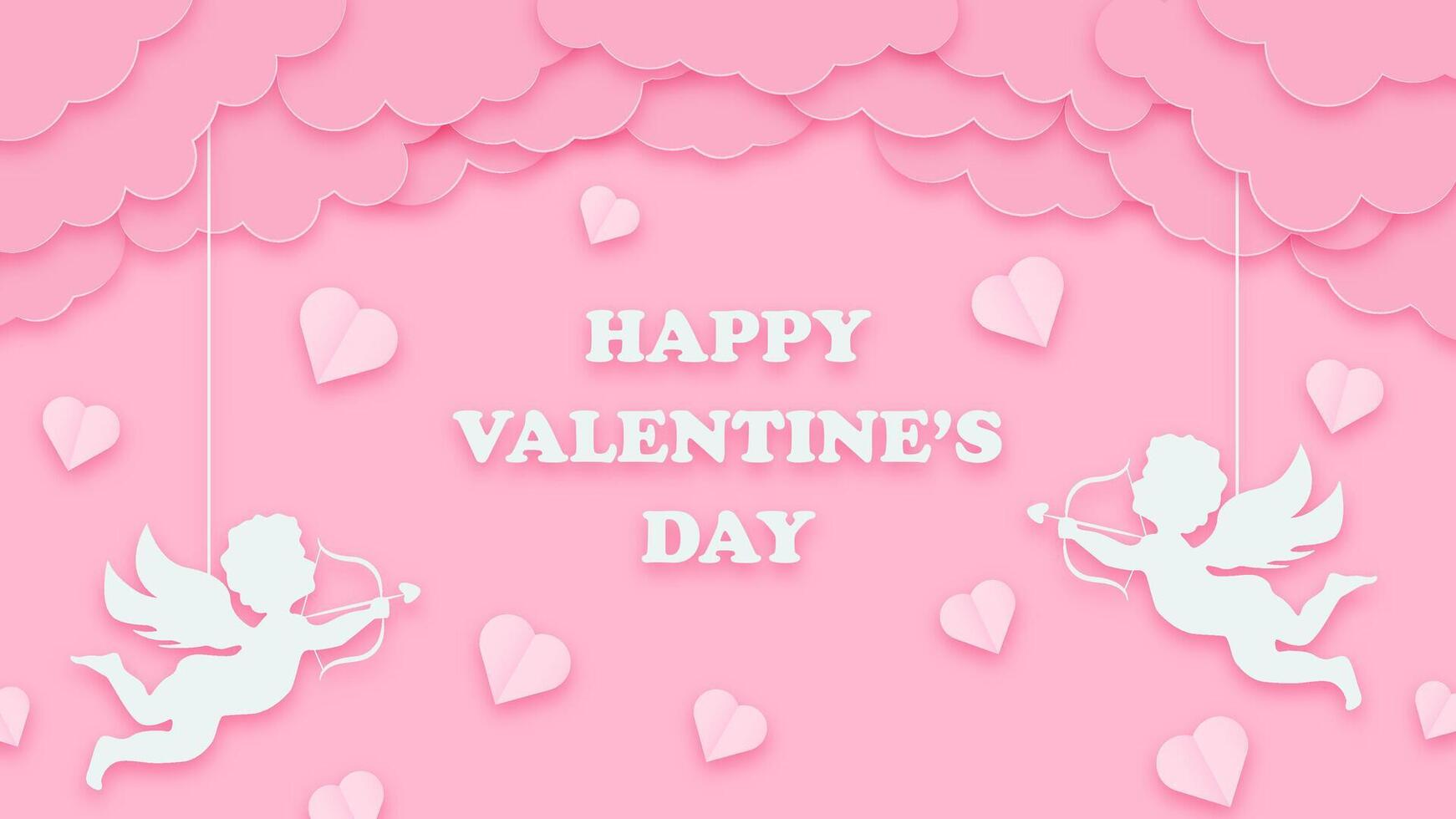 Greeting background in papercut style with pink banner, cupids, hearts, and clouds. Happy Valentines Day design for cards and posters. vector