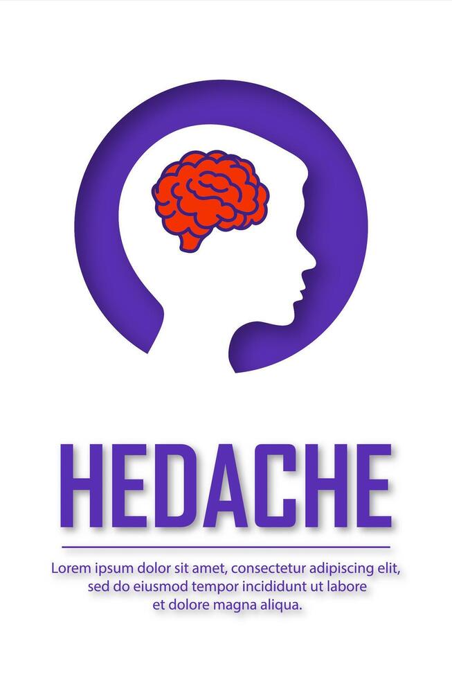 Headache poster. Migraine in people of different ages. White poster with a silhouette of a child. Paper cut vector