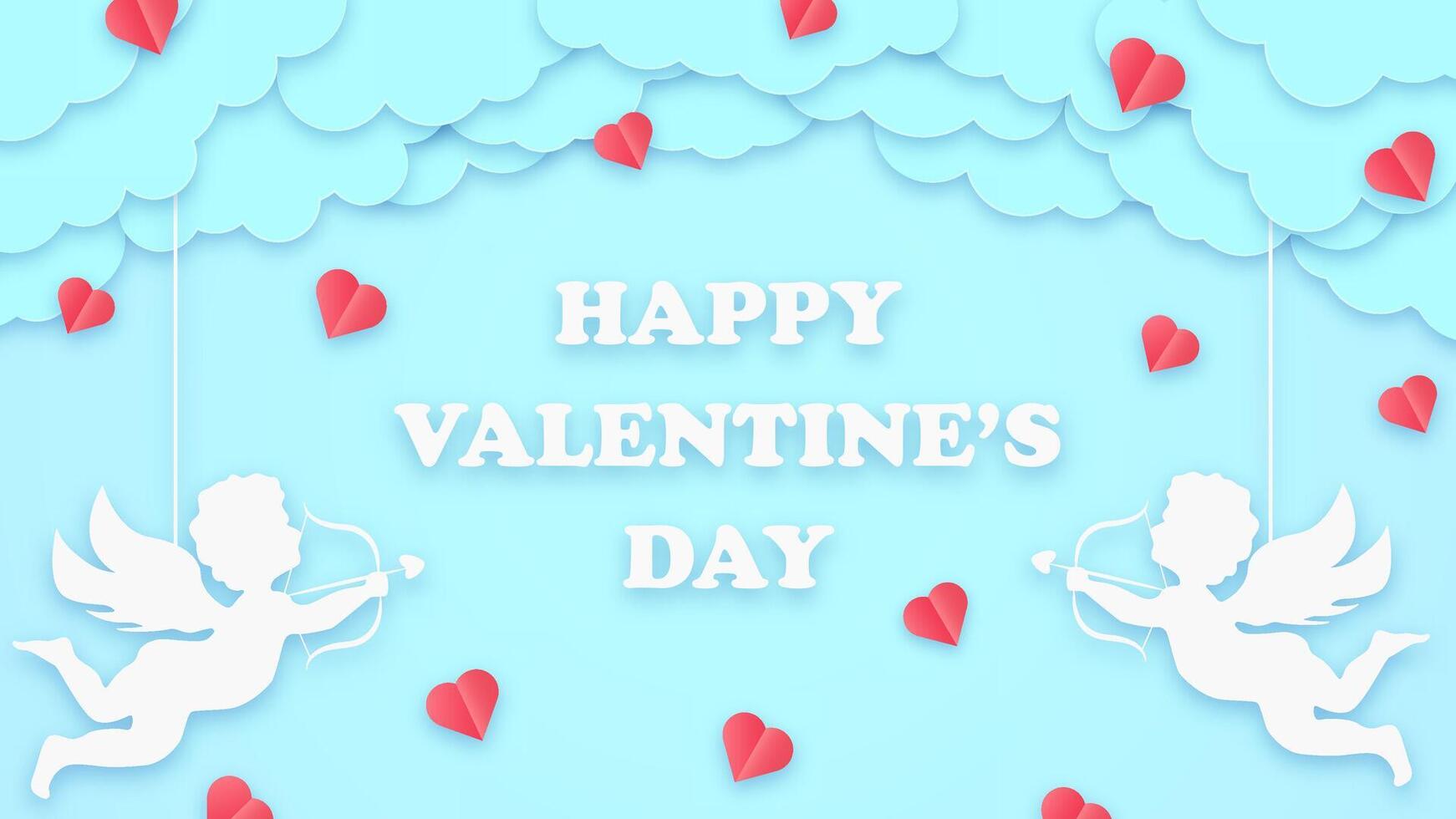 Blue valentines day greeting card background with hearts, clouds, and cupids. Perfect for holiday celebrations or wedding templates with romantic designs. vector