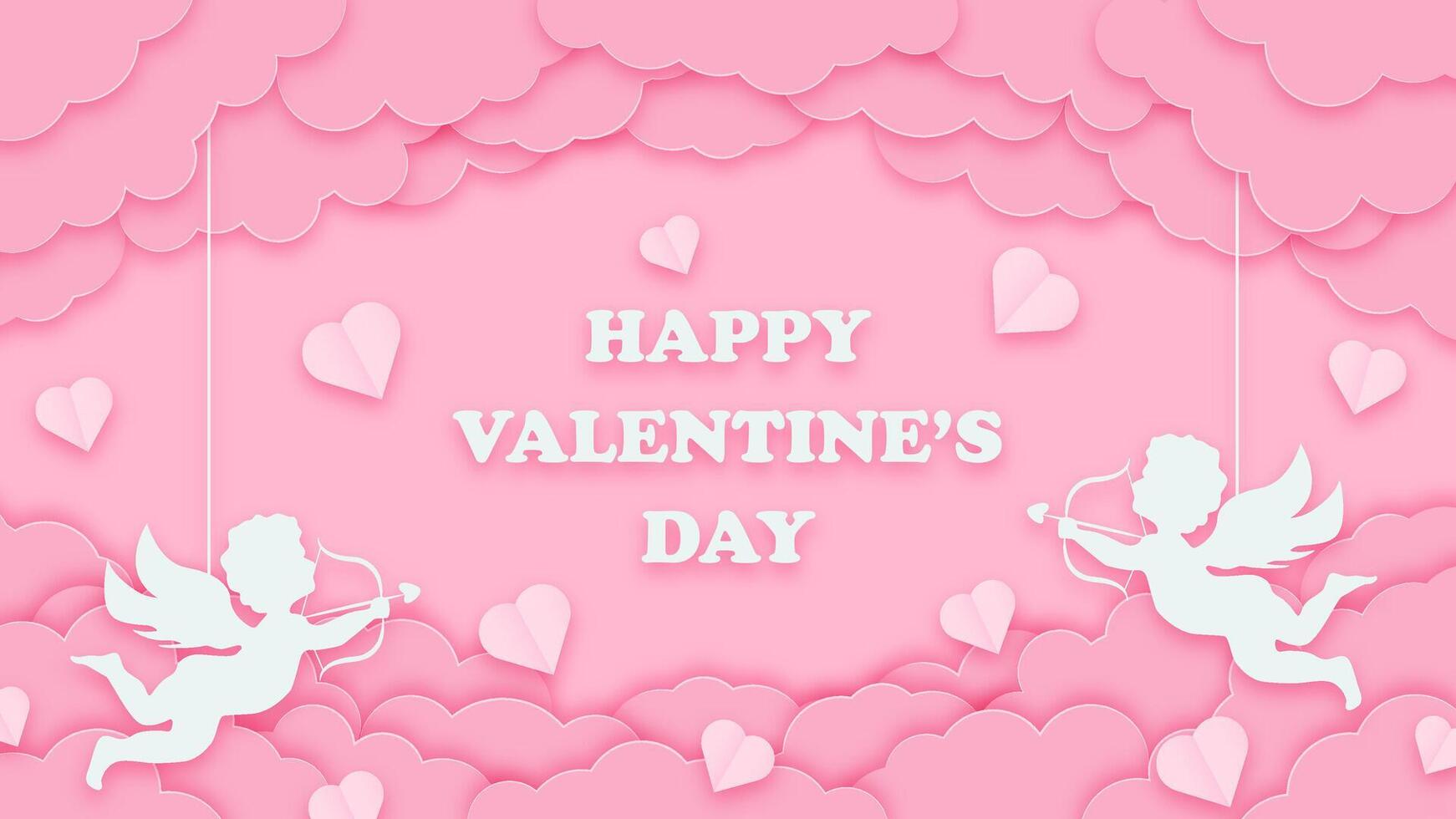 Pink holiday banner with paper clouds, hearts, and cupids. Papercut style Happy Valentines Day greeting background for cards or flyers. vector