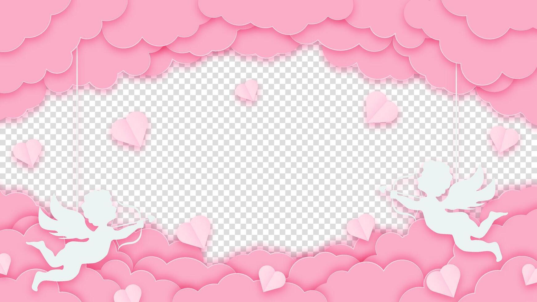 Happy Valentine's Day. Transparent background with pink clouds, red hearts, and cupid. Great for creating romantic cards or posters. vector