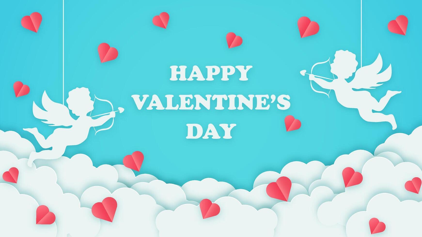 Valentines day greeting card with a blue background, cupids, hearts, and clouds. Romantic design for holidays, weddings, or celebrations. vector