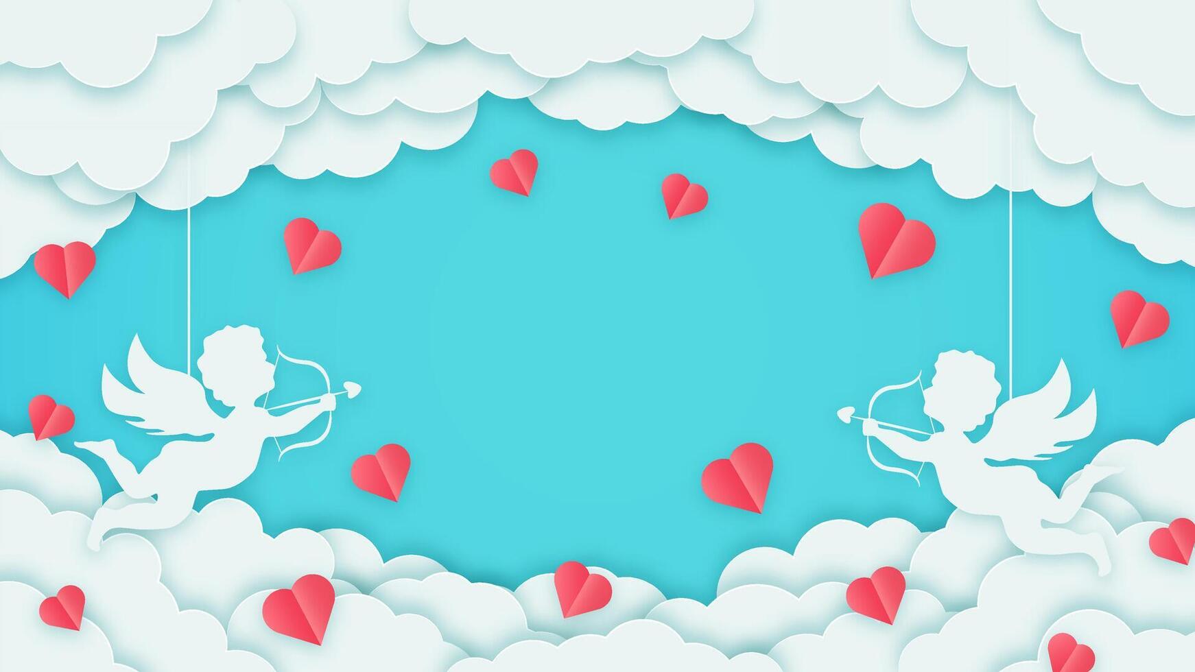 Valentines day background with hearts, cupids, and clouds. Blue banner design ideal for romantic greeting cards or holiday celebration templates. vector