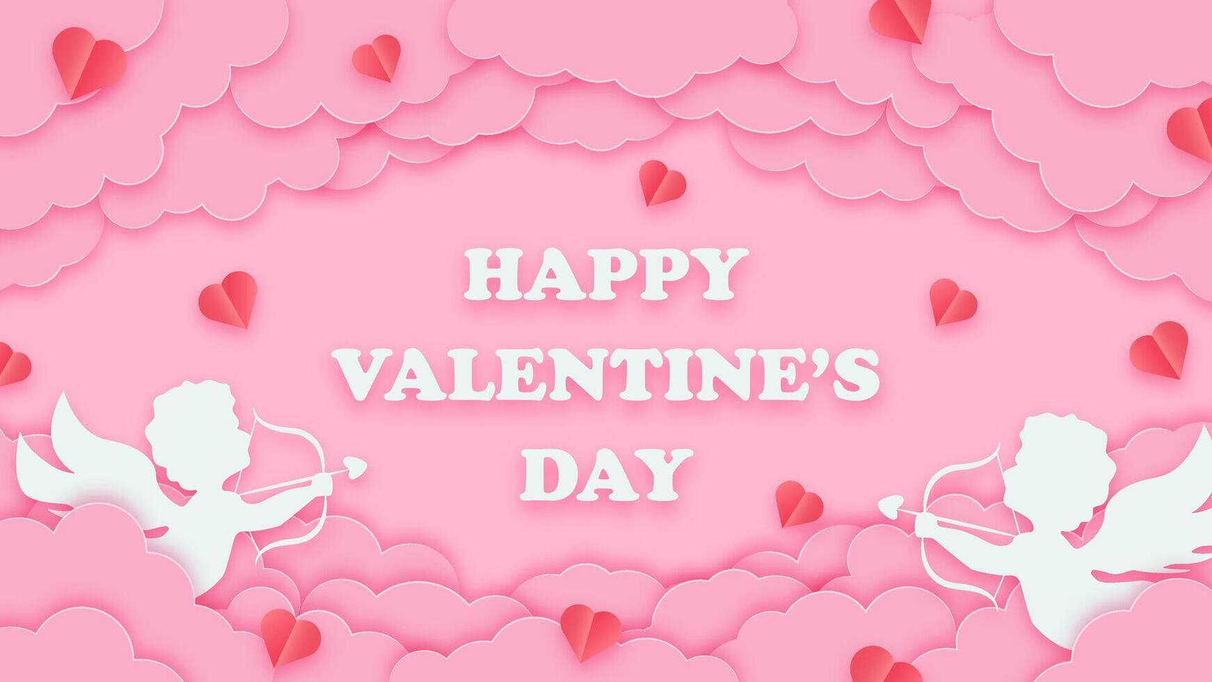 Holiday pink banner in papercut style with cupids, hearts, and clouds. Happy Valentines Day greeting background for cards and posters. vector
