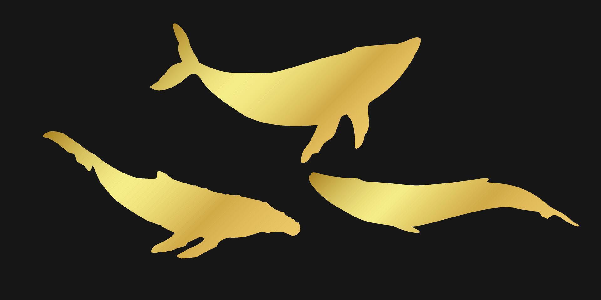 Set golden whale, cachalot, narwhal, unicorn-fish, killer whale, white whale or sperm whale sign icon on black background. Gold clipart illustration vector