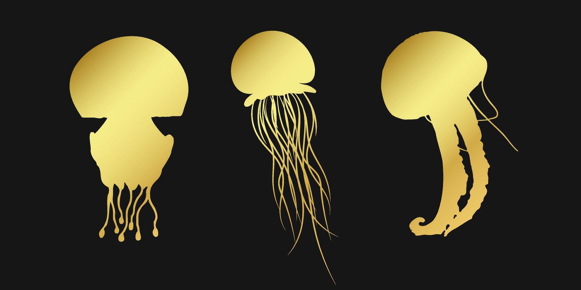 Set of golden jellyfish icons on a black background. Elegant marine design ideal for logos, menus, or underwater themed concepts. vector