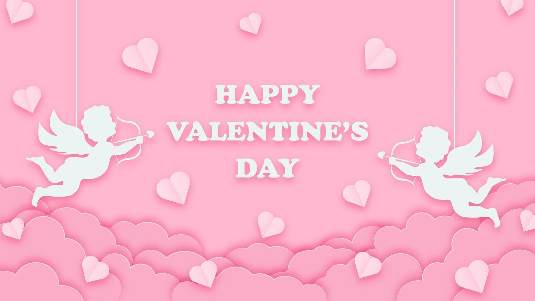 Happy Valentines Day background in papercut style. Pink banner with cupids, hearts, and paper clouds. Romantic design for greeting cards and posters. vector