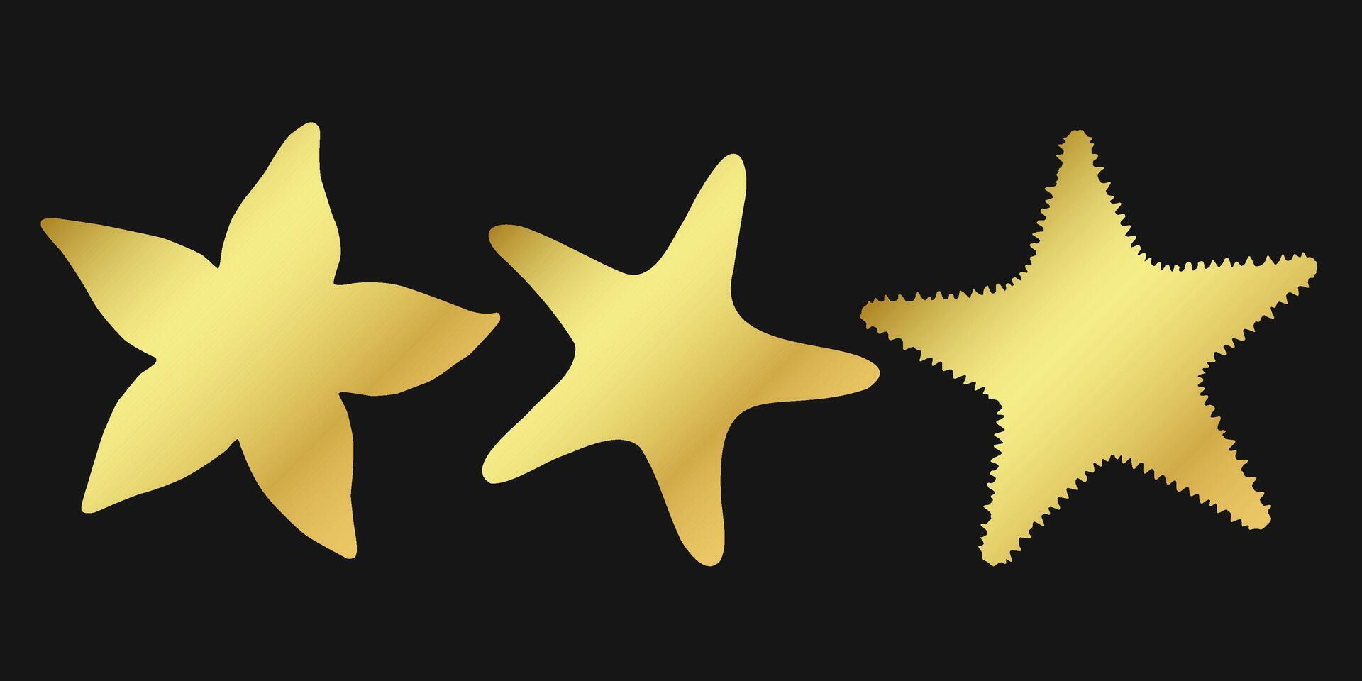 Set of golden starfish icons on a black background. Elegant marine design ideal for logos, menus, or ocean themed concepts. vector