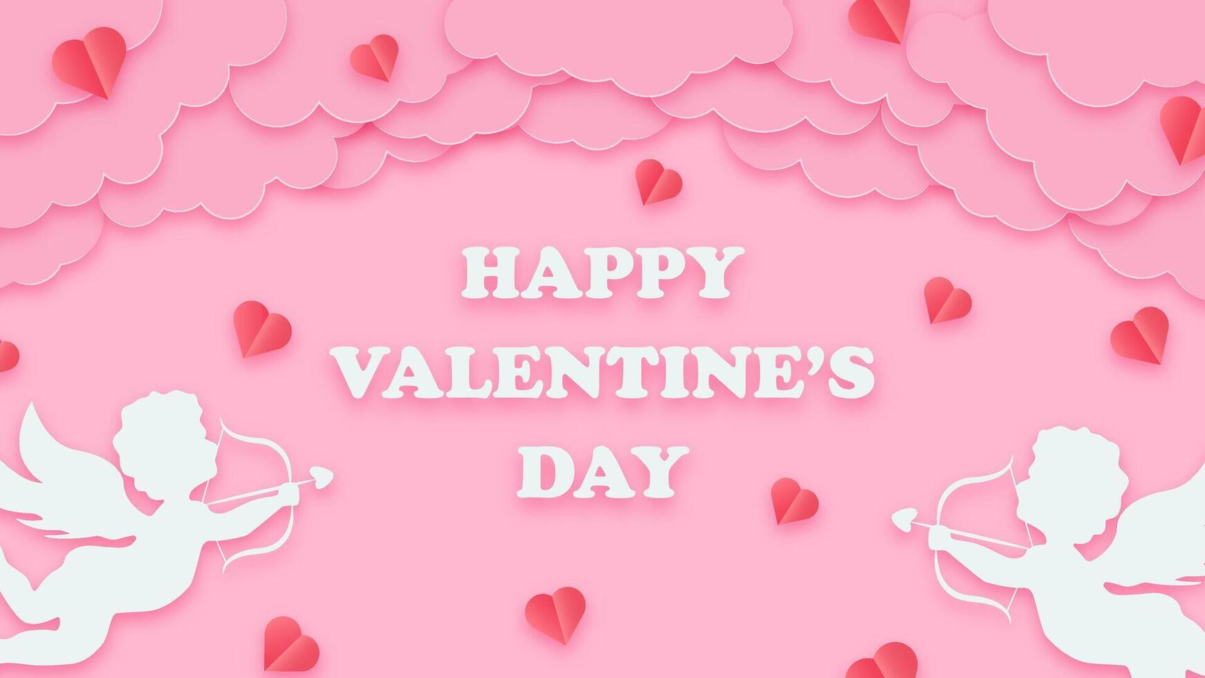 Pink banner with paper clouds, hearts, and cupids in papercut style. Happy Valentines Day greeting background for cards or flyers. vector
