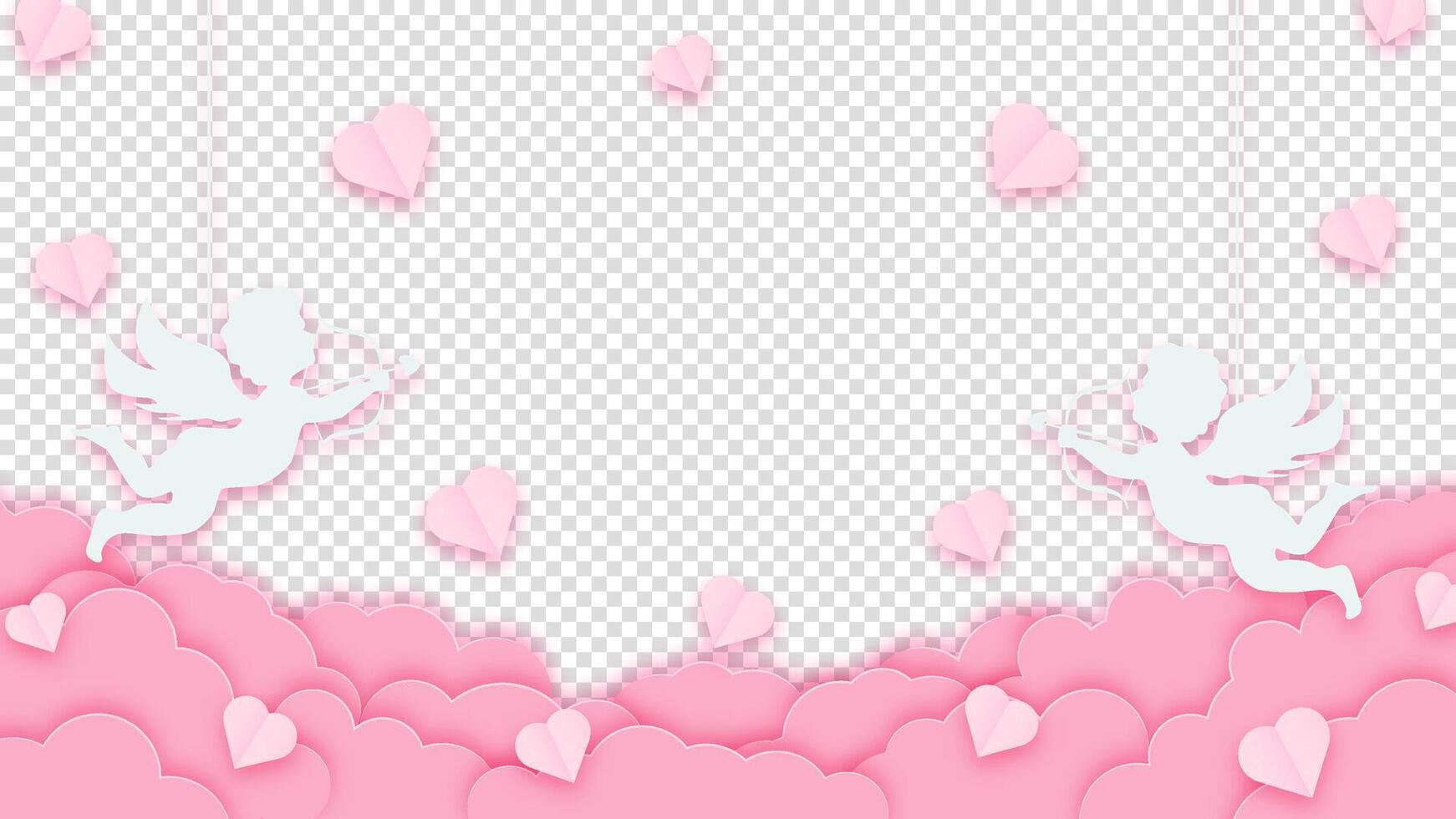 Happy Valentine's Day. Pink clouds and cupid with red hearts on a transparent background. Ideal for greeting cards and flyers. vector