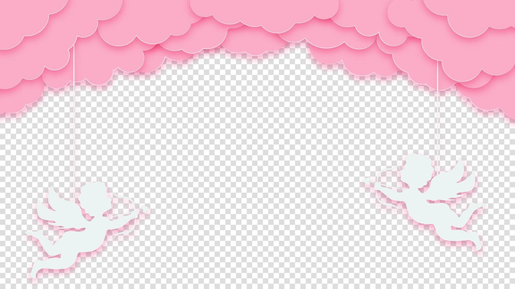 Cupid and red hearts with pink clouds on a transparent background. Romantic design for Valentine's Day cards and posters. vector
