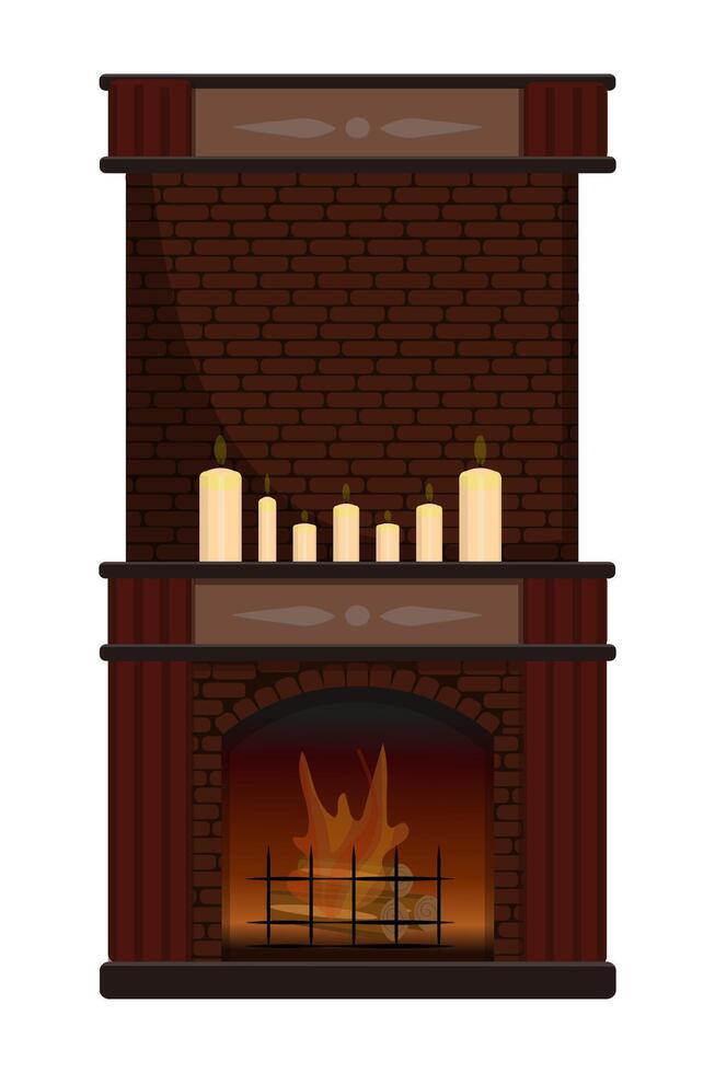 Fireplace icon. Vintage brown red brick fireplace. There is a fire burning in the fireplace and candles burning on the fireplace. Interior design vector