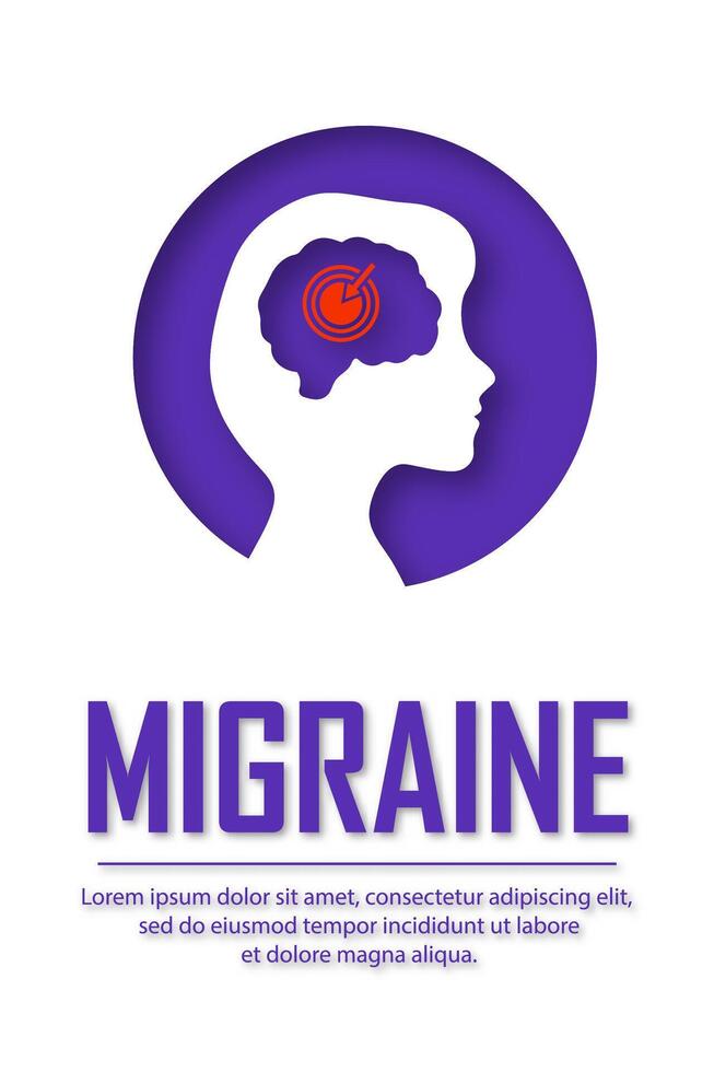 Migraine and headache poster. Conceptual illustration of head pain in people of different ages. White poster with a silhouette of a child. Illustration in paper cut style. vector