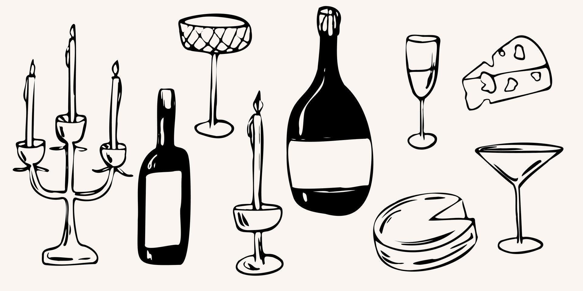 hand drawn sketch illustration of candles, wine bottles, glasses, and cheese in a minimalist style. The monochrome outlines ideal for menus, logos, packaging, posters, and invitations vector