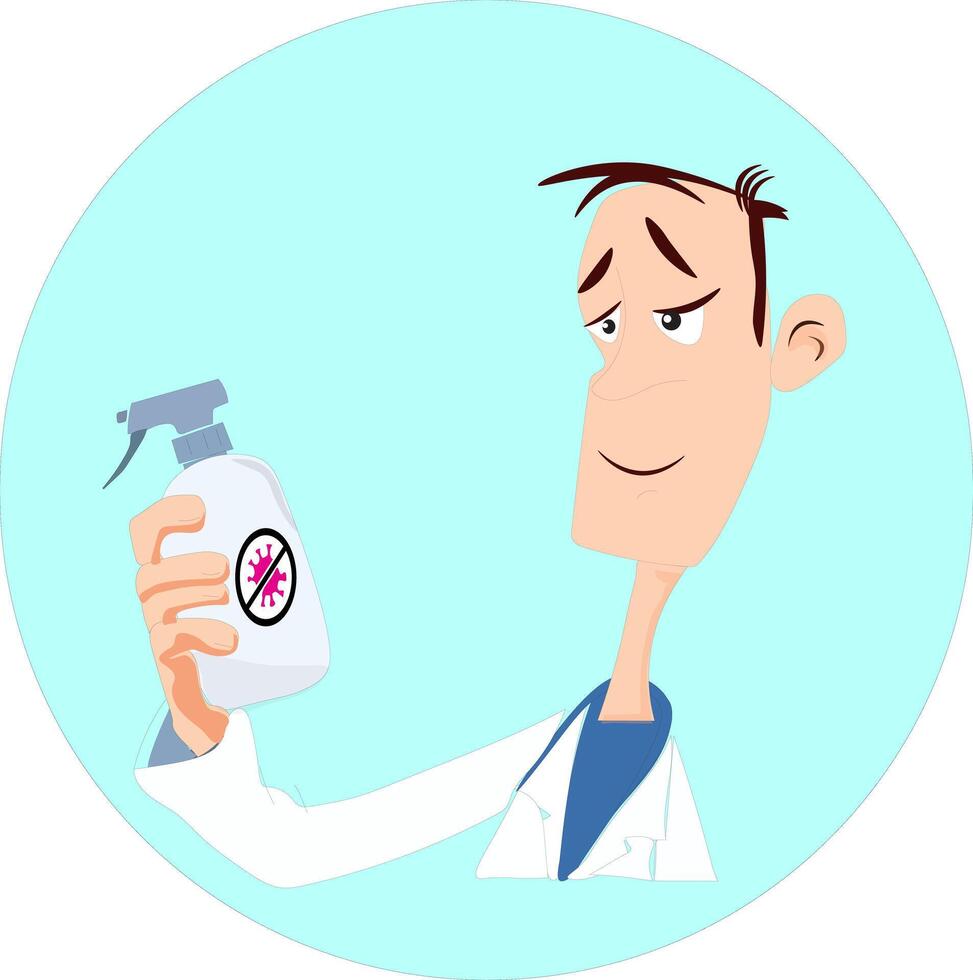doctor holding antibacterial spray bottle, with blue circle background vector