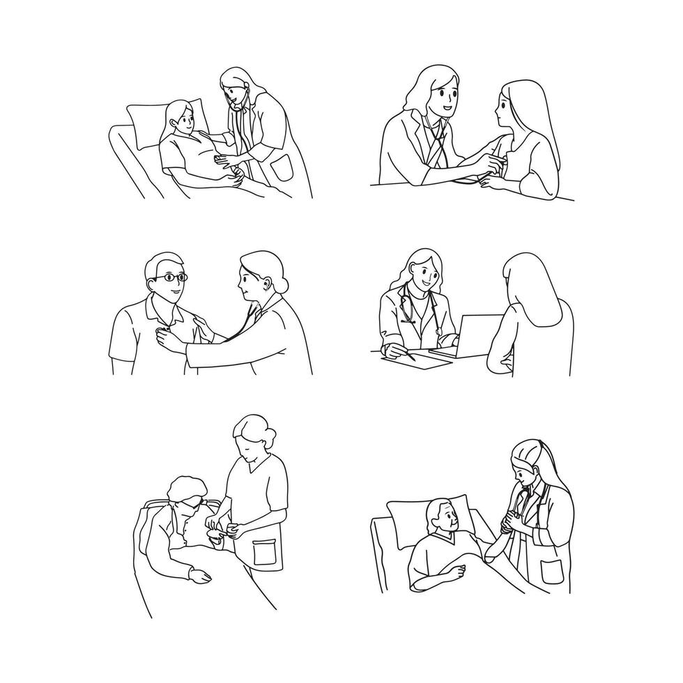 Line art illustration of a doctor examining a patient's. vector