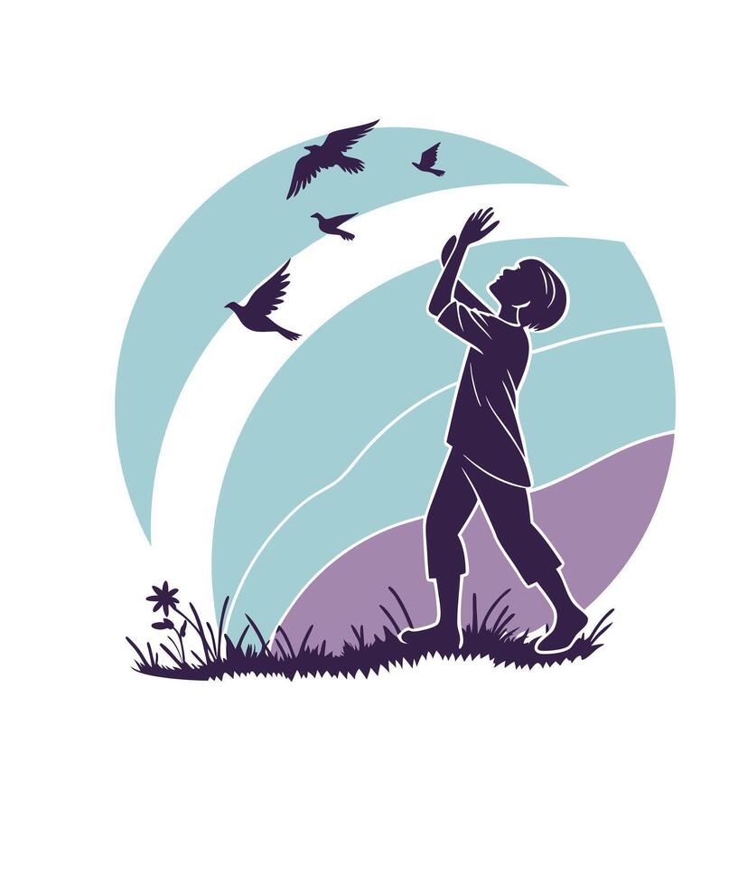 A Child Reaching Towards Birds in Flight Against a Backdrop of Gentle Pastel Colors. vector