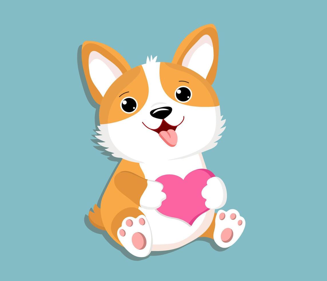 Cartoon dog with heart. Cute funny puppy, corgi breed. Happy birthday greeting card design, Valentine's day. vector