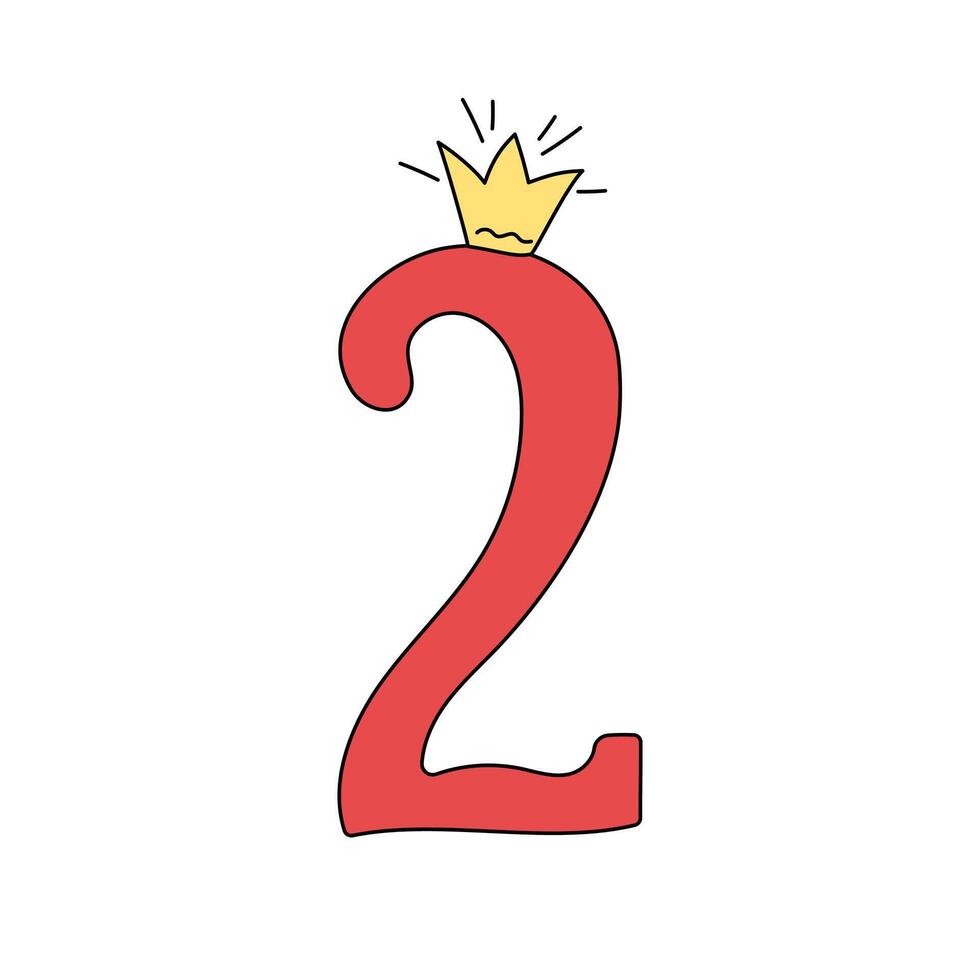 Bright digit, number 2 in crown. Drawing, doodle. Cartoon number. Design of greeting children's card. Holiday, birthday icon, illustration, white isolated background. vector