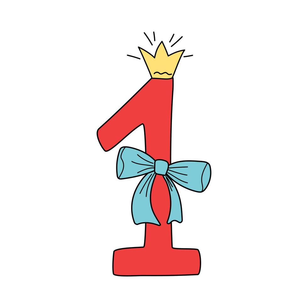 Bright digit, number 1 in crown. Drawing, doodle. Cartoon number. Design of greeting children's card. Holiday, birthday, icon, illustration, white isolated background. vector