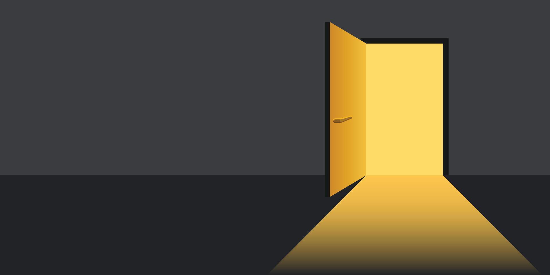 Open door with light icon in flat style. Dark room illustration on isolated background. Doorway entrance sign business concept. vector