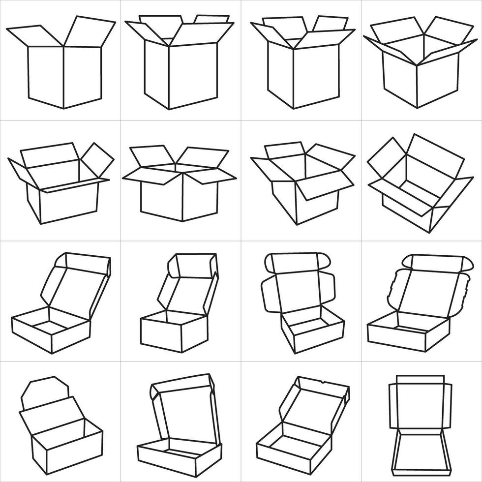 a set of different open boxes with different shapes vector