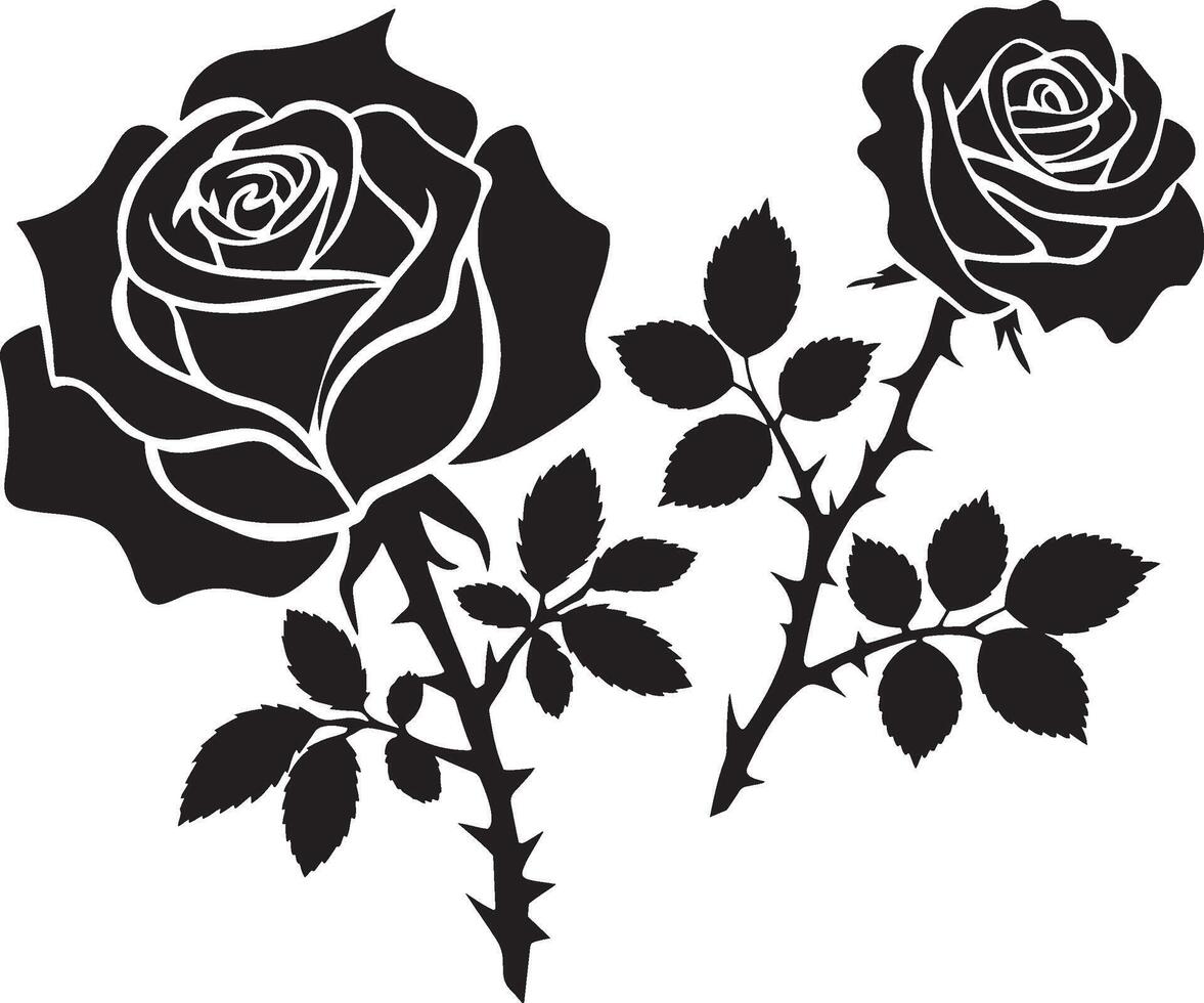 Set of decorative rose with leaves. rose flower silhouette. vector