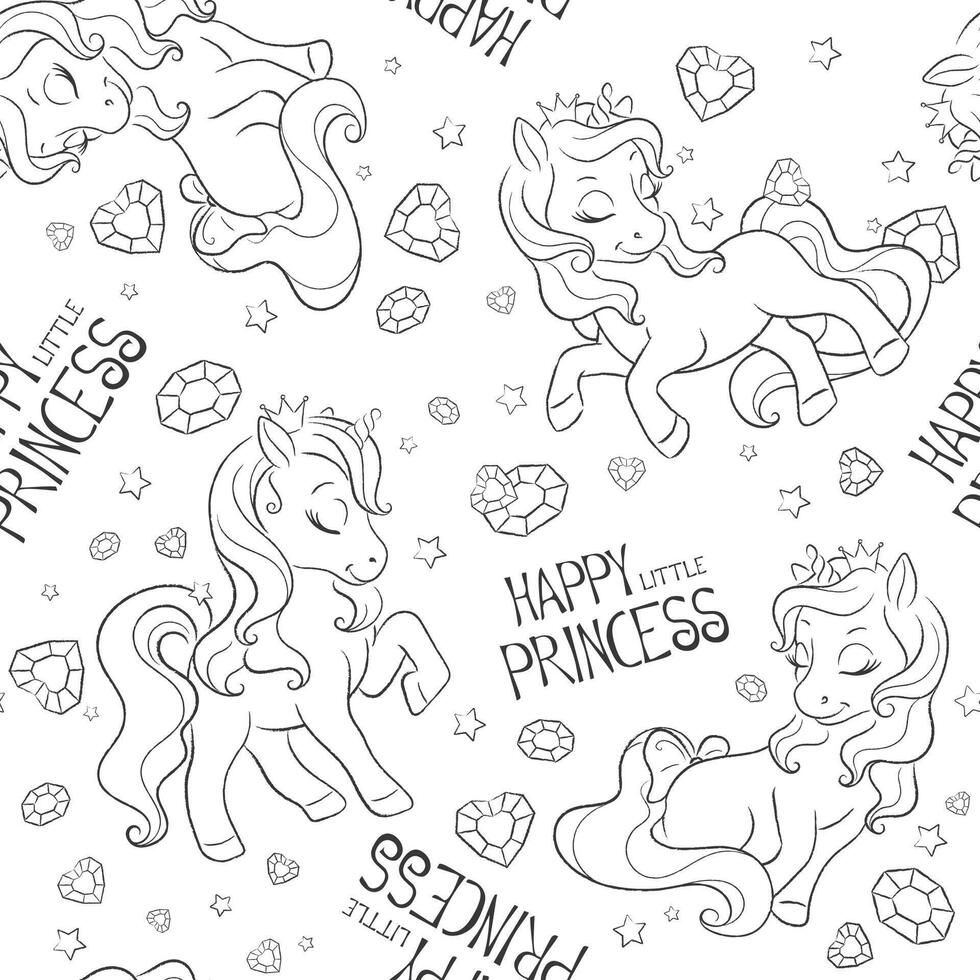 Art. Coloring pages. Black and white seamless unicorns pattern. Fashion illustration print in modern style for clothes and fabrics. vector