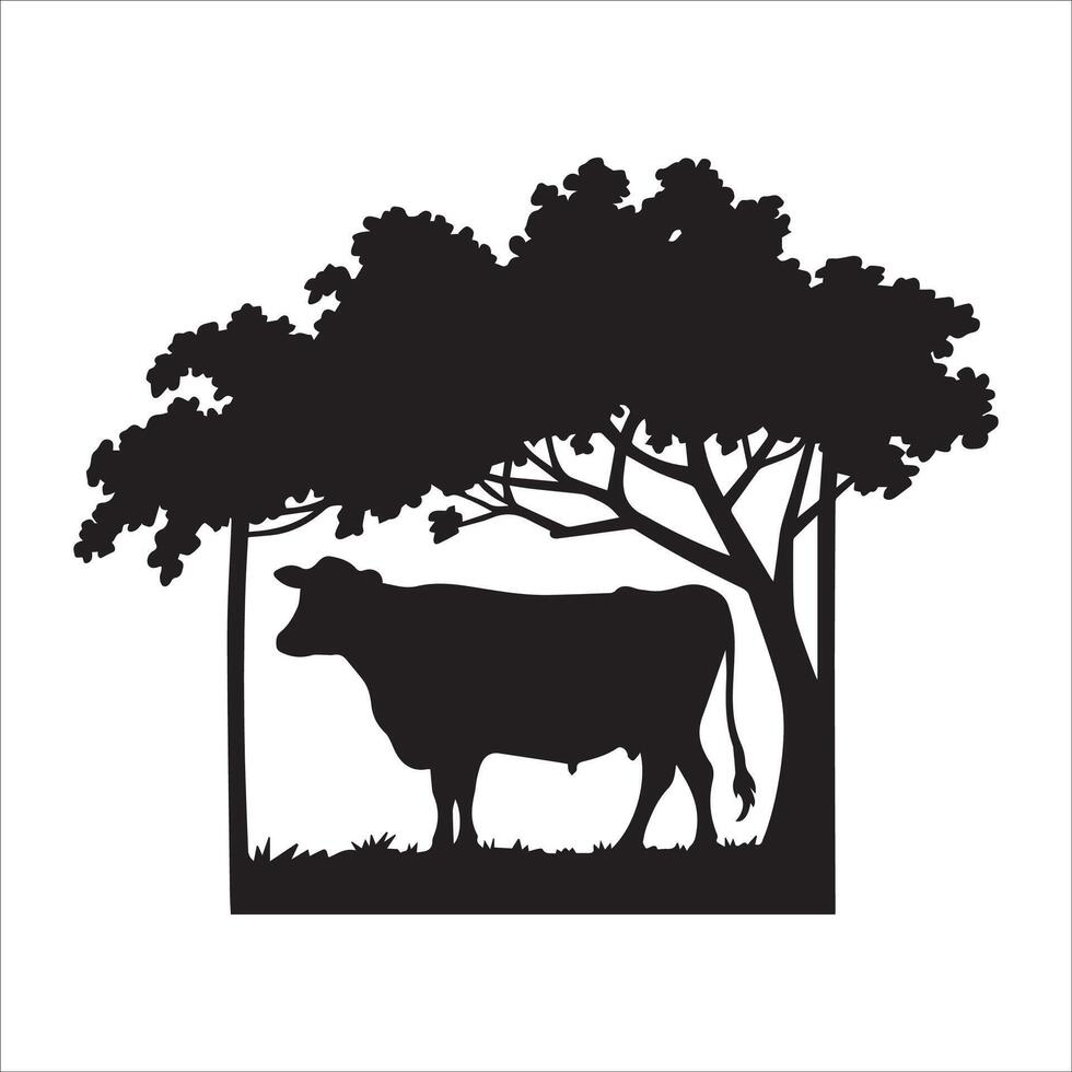 Cow Under Tree Silhouette vector