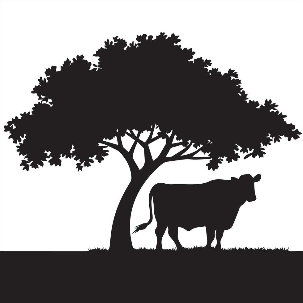 Grazing Cow Beneath a Tree Design vector