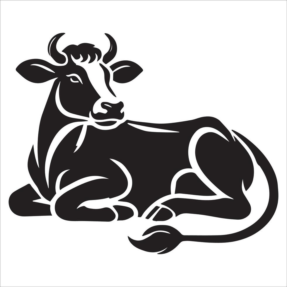 Tranquil Farm Cow at Rest Silhouette vector