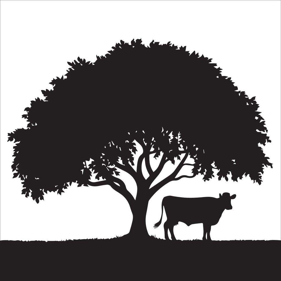 Calm Cow Under Tree Silhouette vector