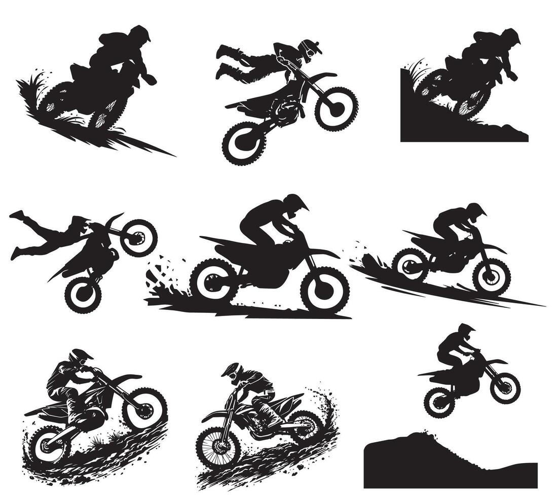 set silhouette of motorcycle rider performing trick on white background 2 vector