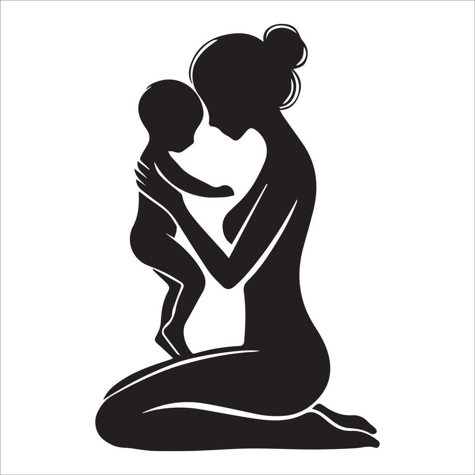 Silhouette of Mom Hugging Her Child vector