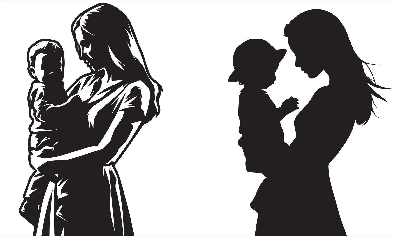 Silhouette of Mom Carrying Her Child on Shoulders vector