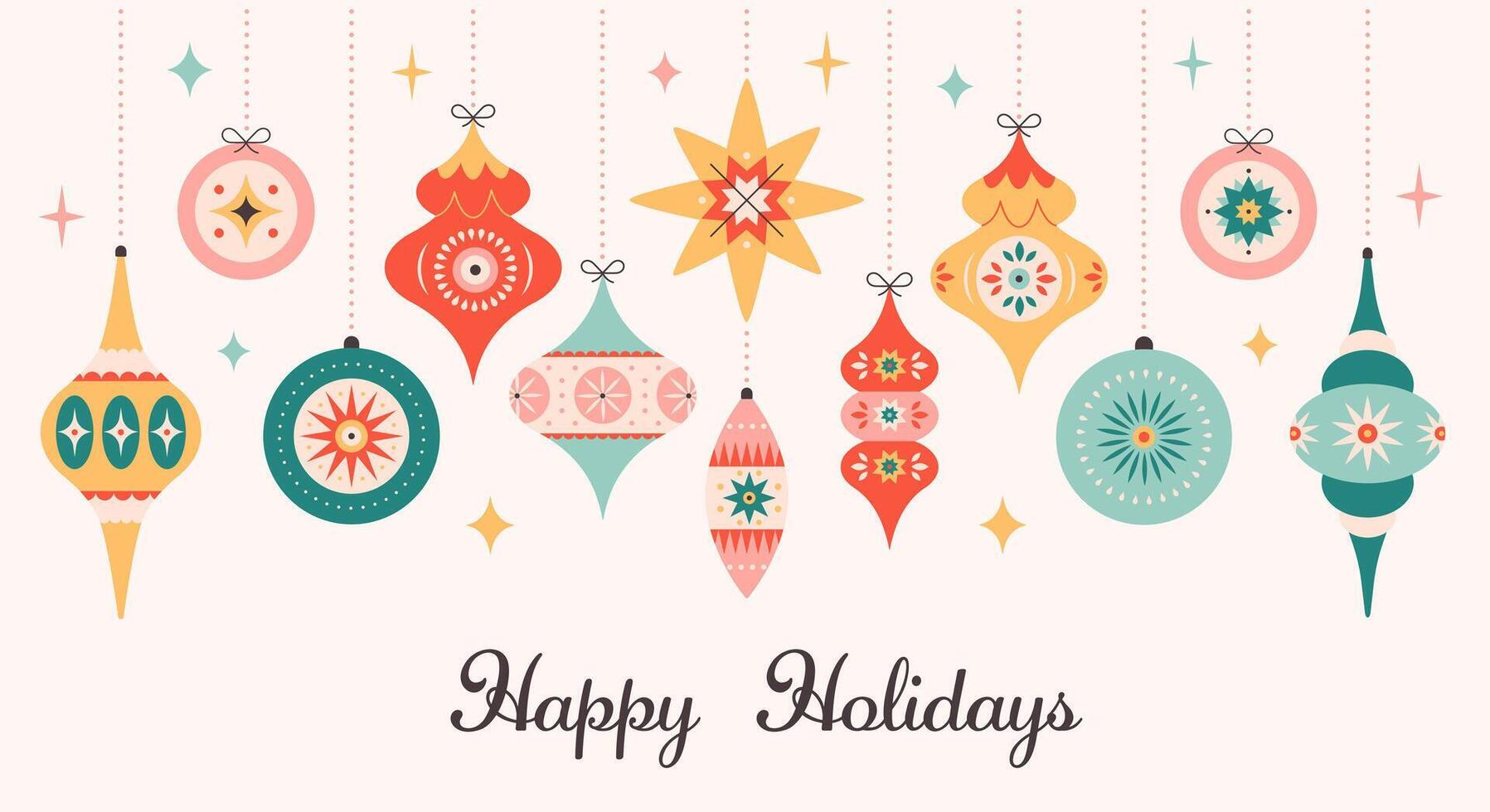 Happy Holidays greeting card with Christmas tree toys. Colorful bright Christmas balls. Winter holiday background for congratulations vector
