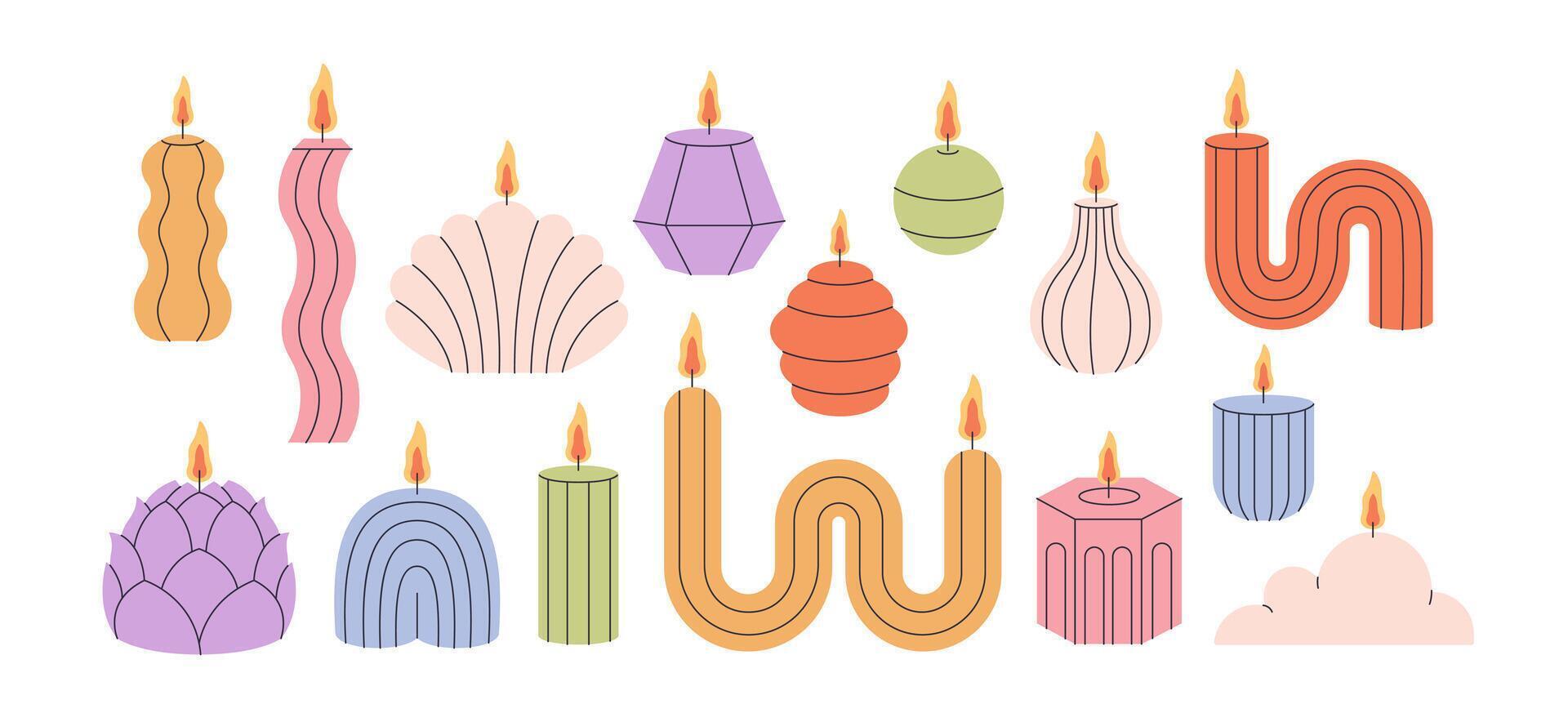 Decorative aromatic candles various shapes and colors. Burning scented candles, home interior and aromatherapy. vector