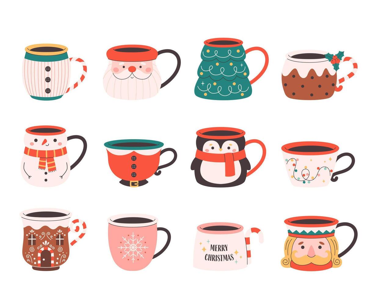 Cute holiday mugs collection. Christmas characters mugs. vector