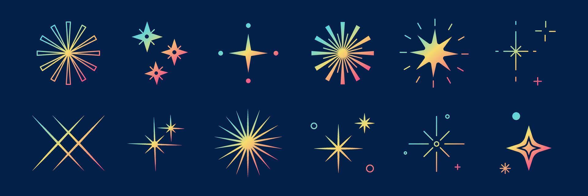 Firework and stars thin line illustration. Bursting gradient rays. Celebration christmas party and new year holiday. illustration on dark background vector