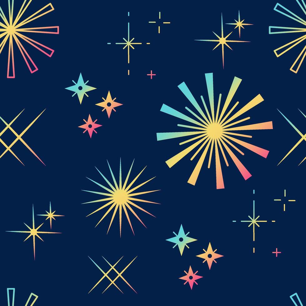 Pattern of fireworks and stars on night background. Celebration christmas and new year holiday. Shine light festive print. illustration vector