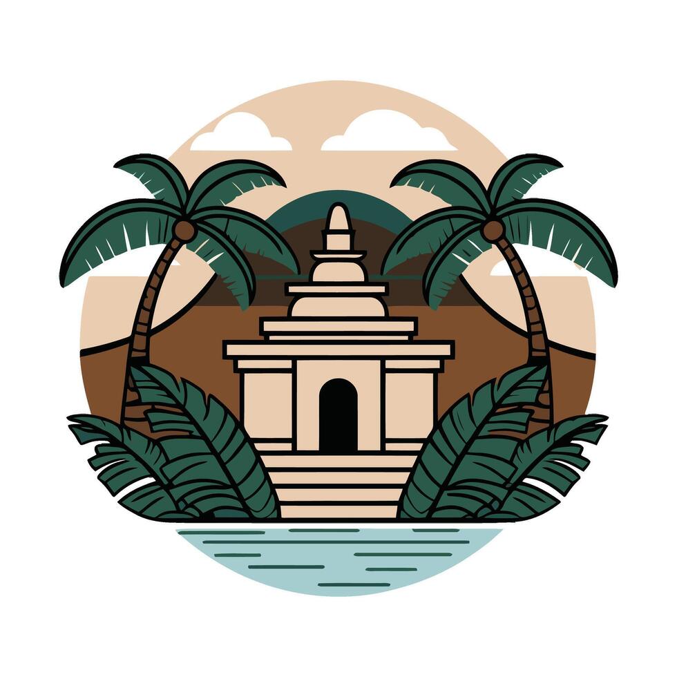 An illustration of a temple and palm trees vector