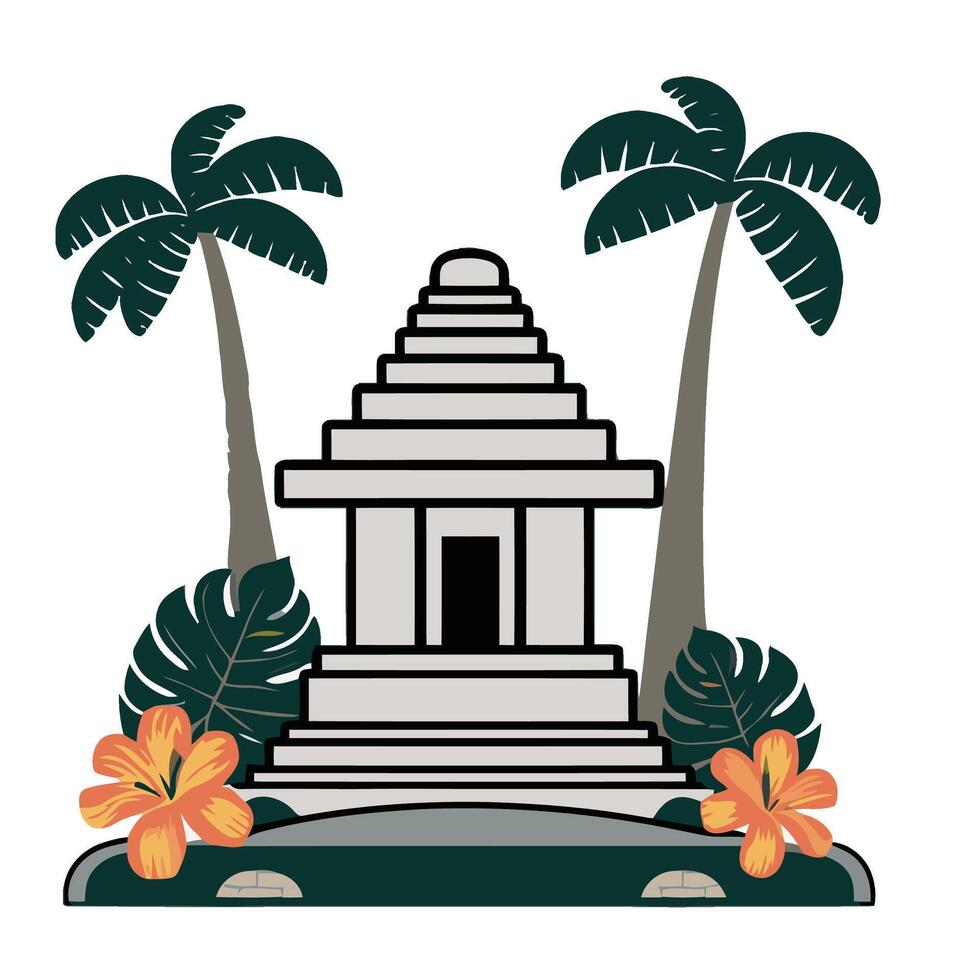 An illustration of a temple with palm trees and flowers vector