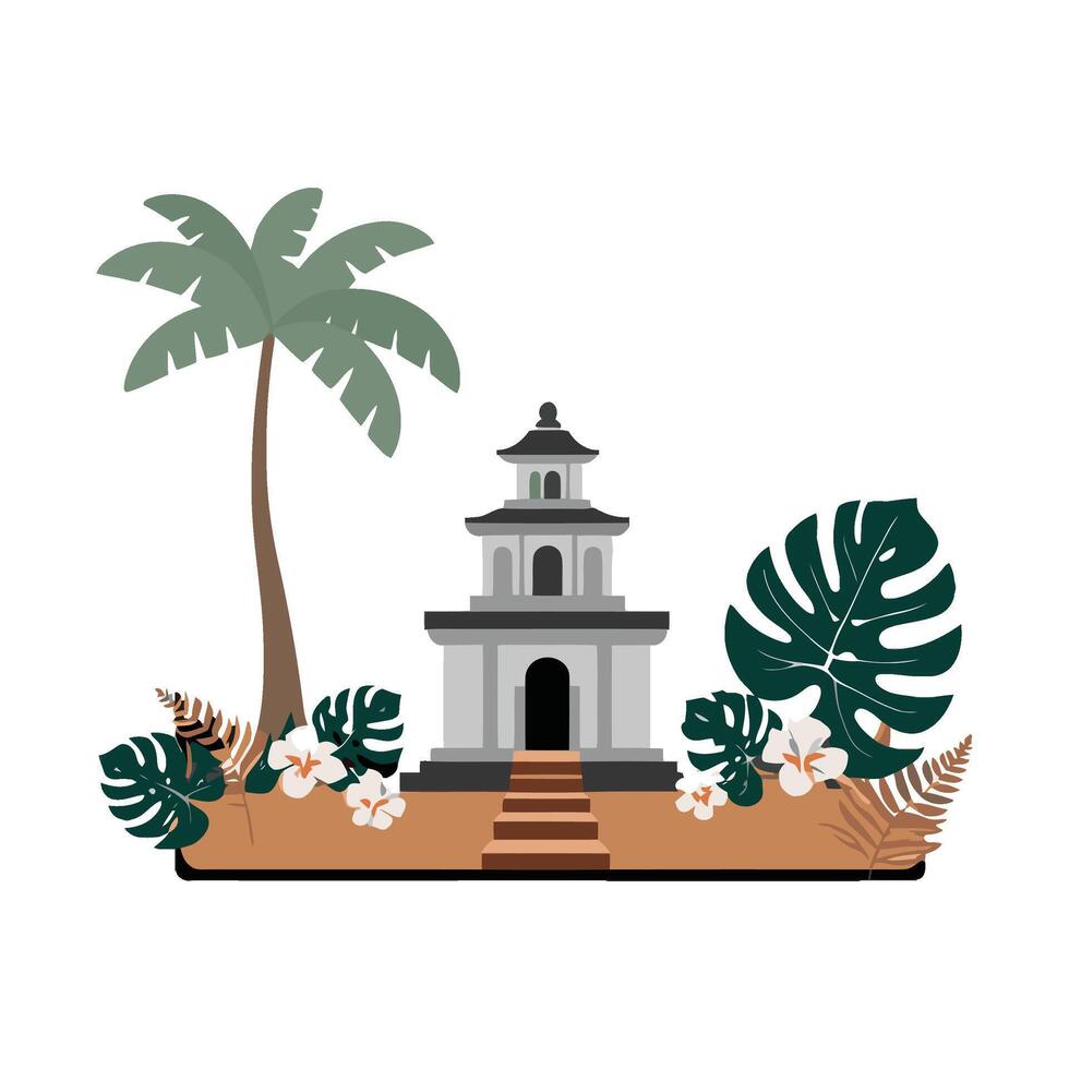 a pagoda with palm trees and flowers vector